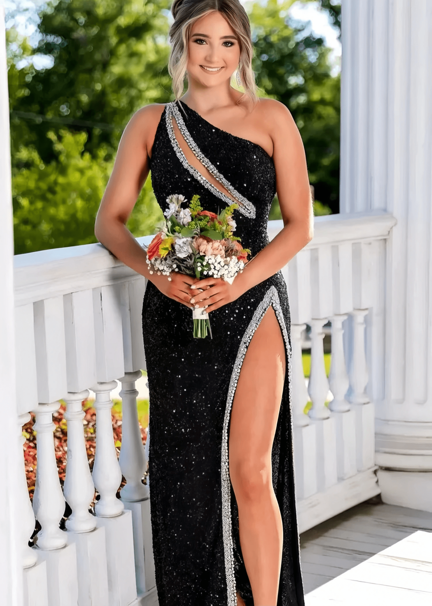 Audrey | Black Mermaid One Shoulder Beaded Prom Dress with Slit - Black - PromDressClub