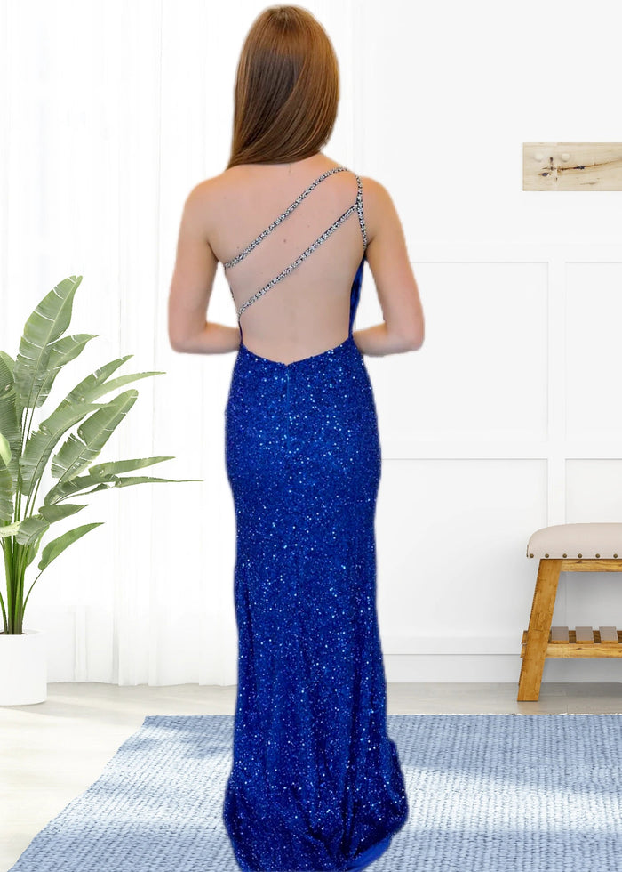 Audrey | Black Mermaid One Shoulder Beaded Prom Dress with Slit - Royal Blue - PromDressClub