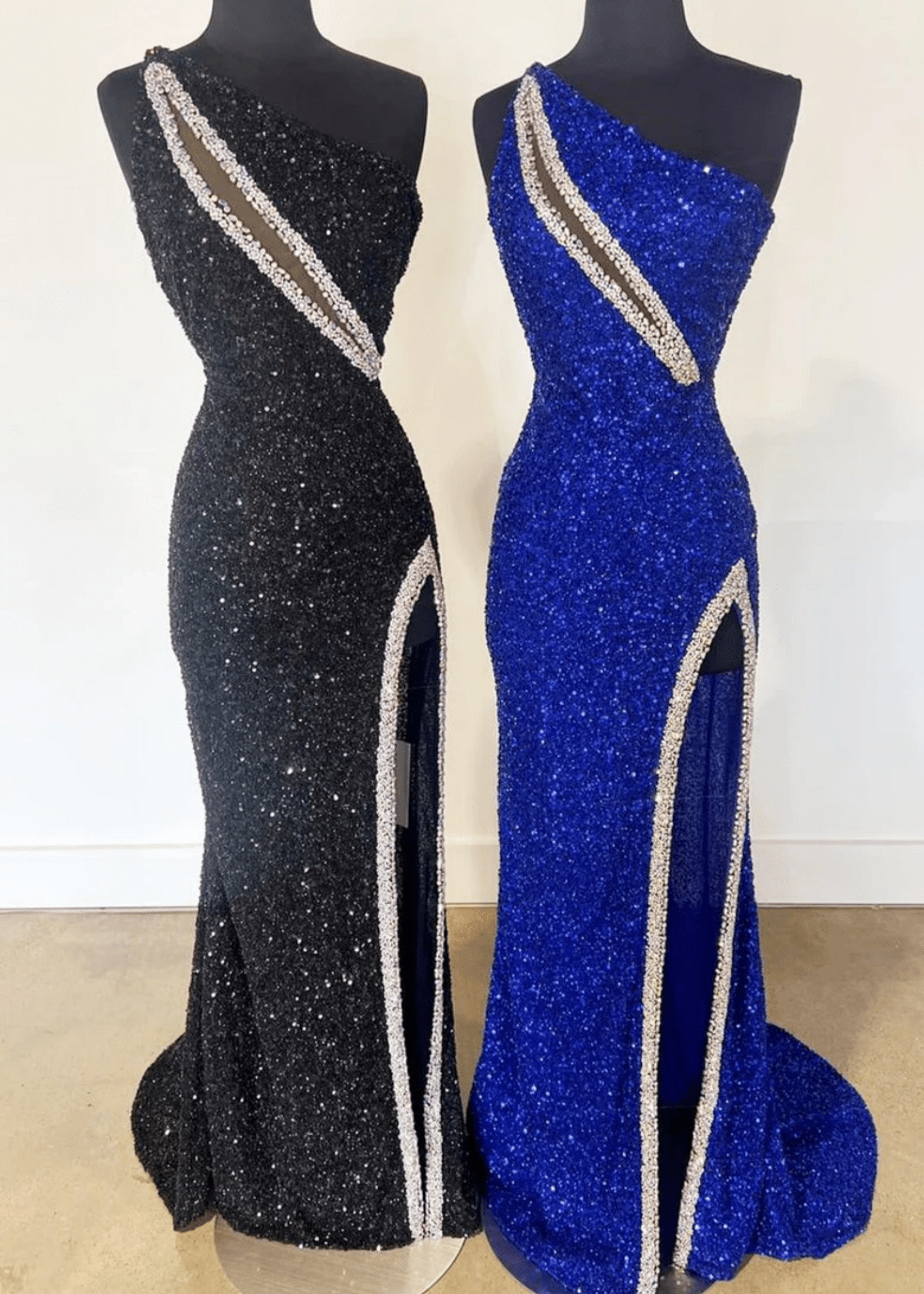 Audrey | Black Mermaid One Shoulder Beaded Prom Dress with Slit - Royal Blue - PromDressClub