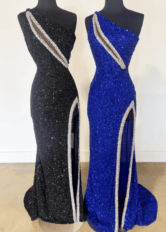 Audrey | Black Mermaid One Shoulder Beaded Prom Dress with Slit - Royal Blue - PromDressClub