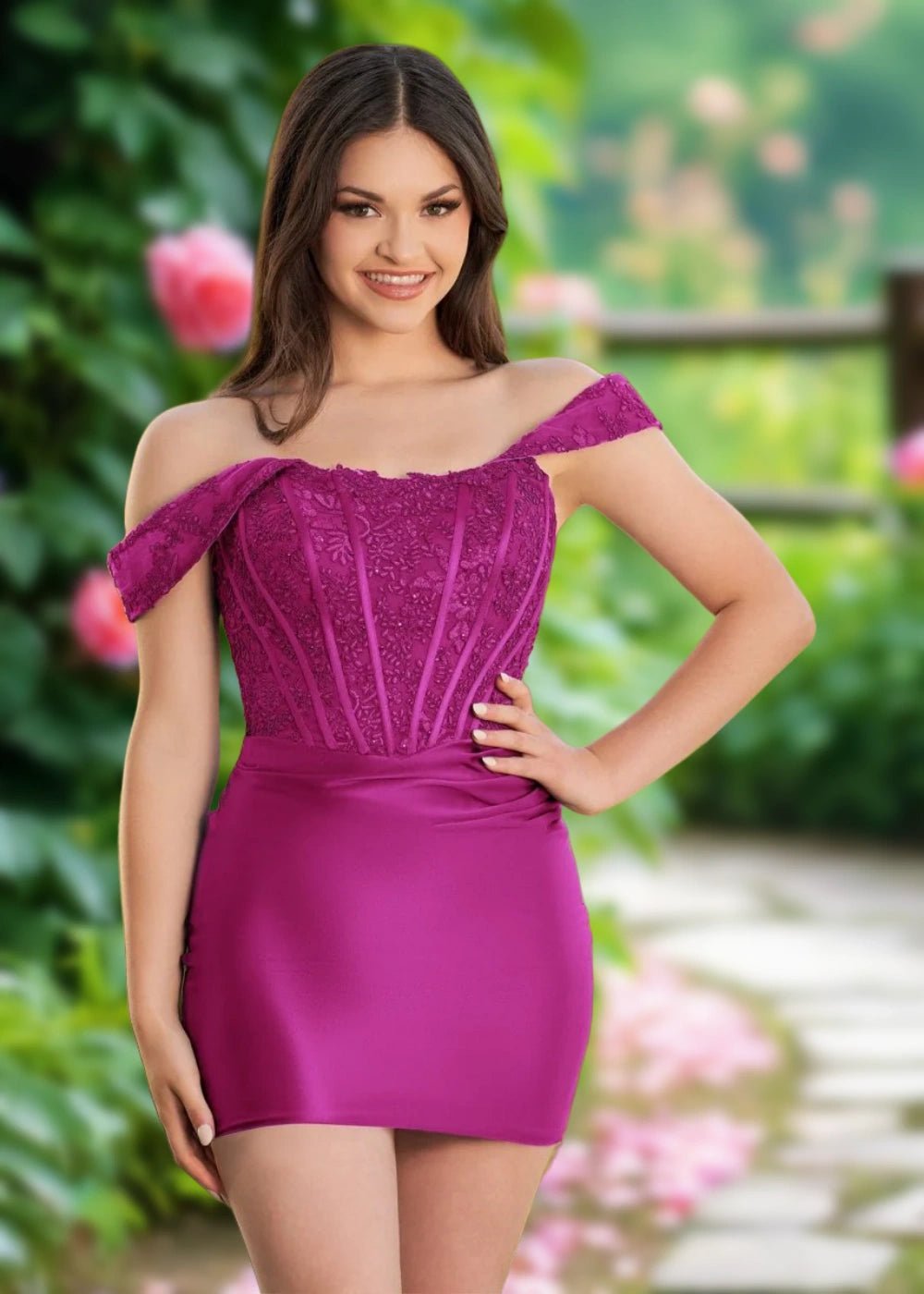 Aurora | Bodycon Navy Blue Lace Off the Shoulder Corset Mini Homecoming Dress - Fuchsia - PromDressClub