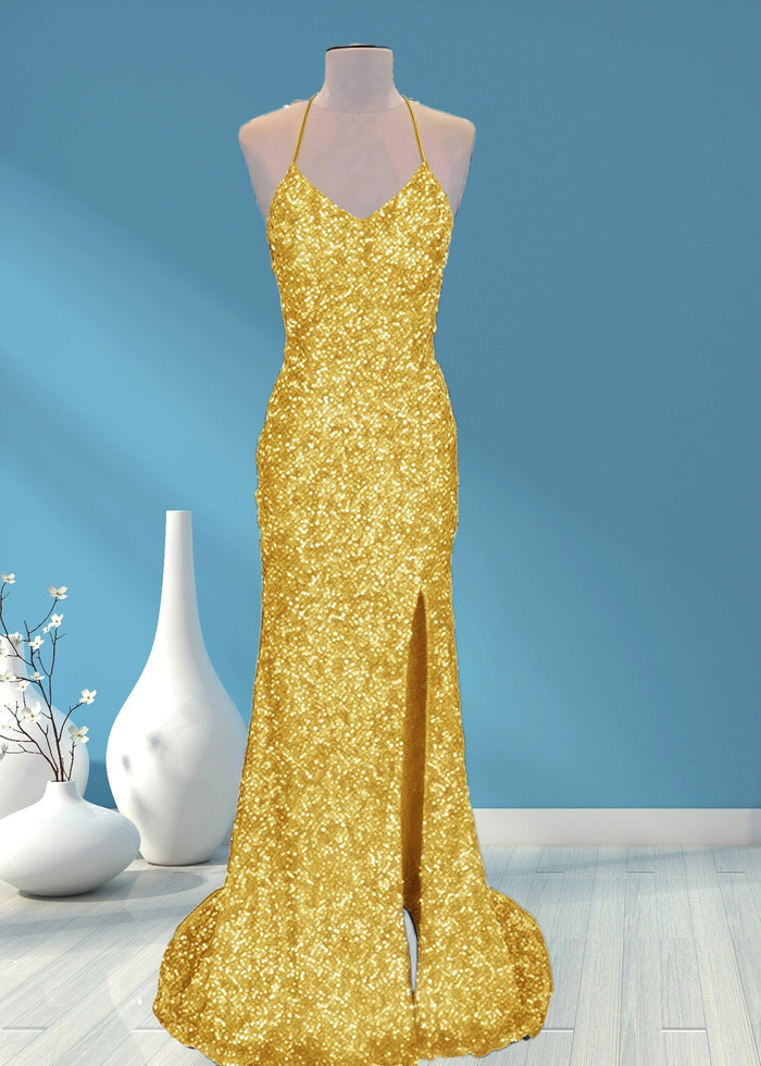 Aurora | Mermaid Long Royal Blue Prom Dress With Sequin Slit - Gold - PromDressClub