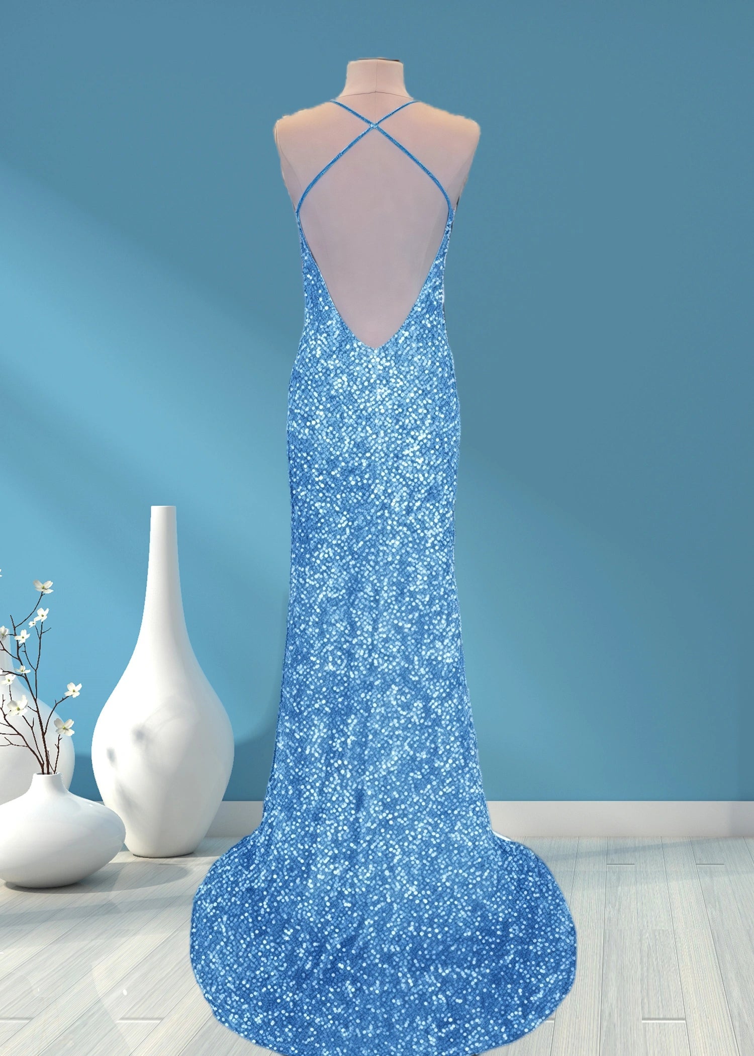 Aurora | Mermaid Long Royal Blue Prom Dress With Sequin Slit - Sky Blue - US0 - PromDressClub