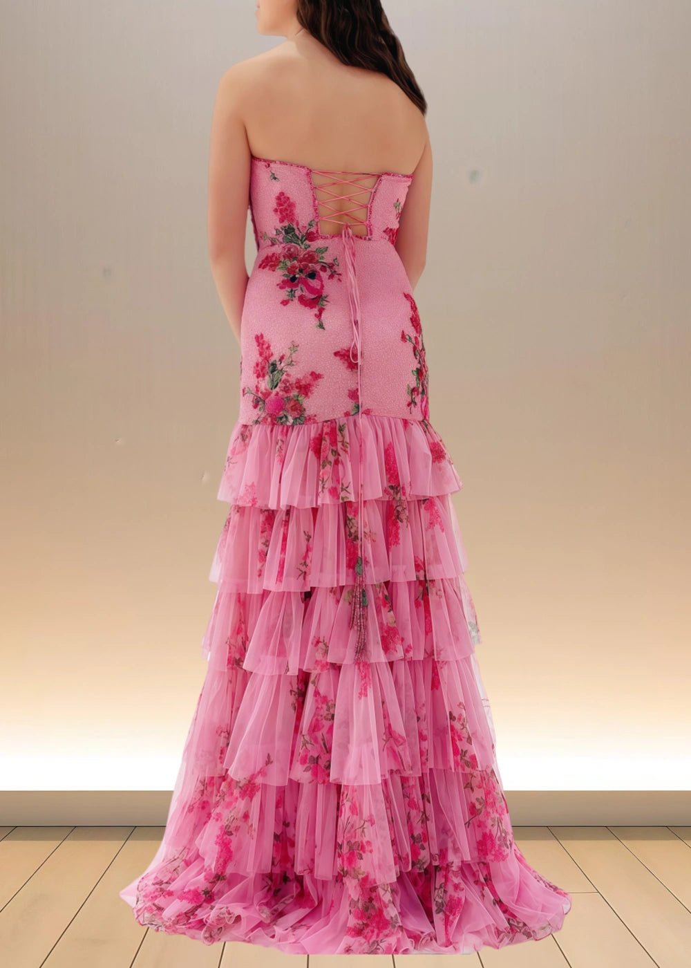 Aurora | Pink Floral Mermaid Sequin Strapless Ruffle Formal Dress with Slit - Pink Floral - PromDressClub