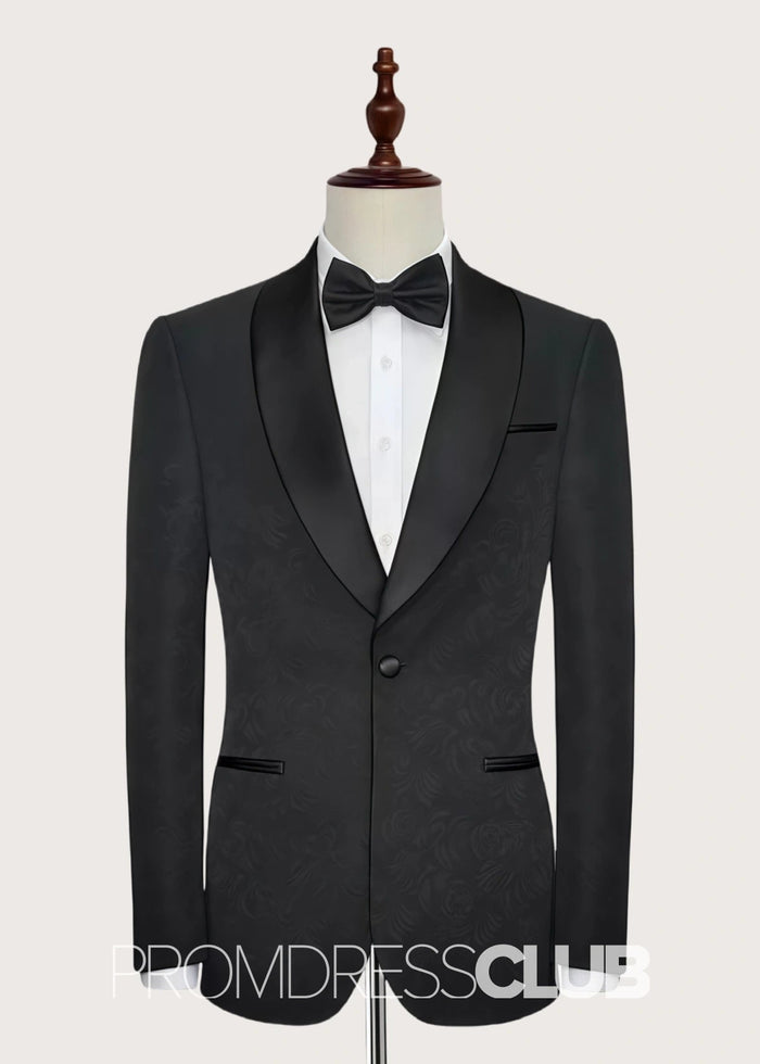 Austin |Classic Black Prom Suits For Men With Jacquard Shawl Lapel Silk One Button | Two Pieces Bespoke Wedding Groom Suits - Price #price_variant_lowest# - 34 - PromDressClub