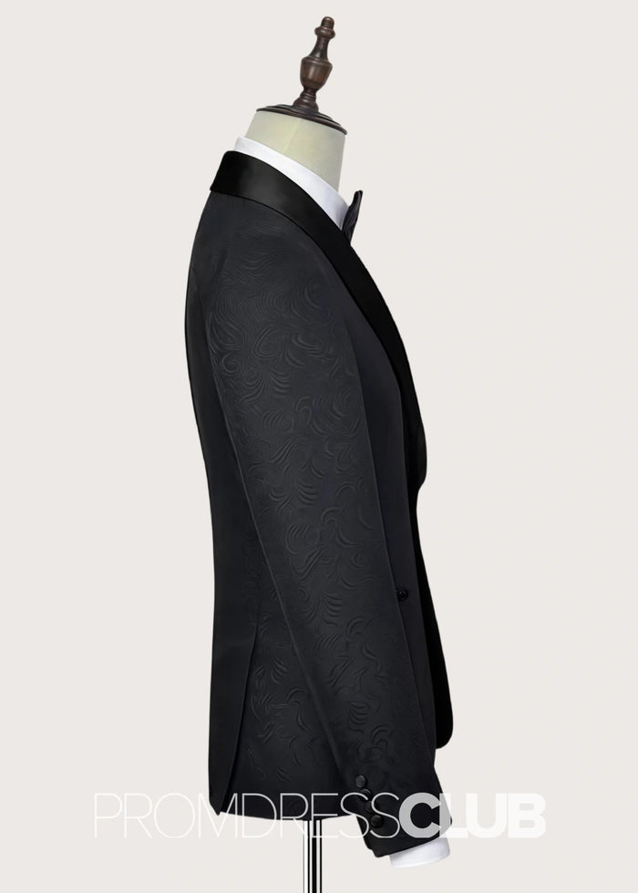 Austin |Classic Black Prom Suits For Men With Jacquard Shawl Lapel Silk One Button | Two Pieces Bespoke Wedding Groom Suits - Price #price_variant_lowest# - 34 - PromDressClub