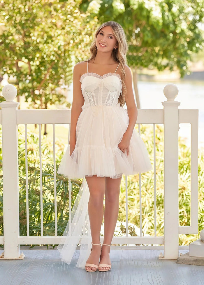 Autumn | A Line Sage Green Tulle Corset Lace Appliques Homecoming Dress Bow - Champagne - PromDressClub