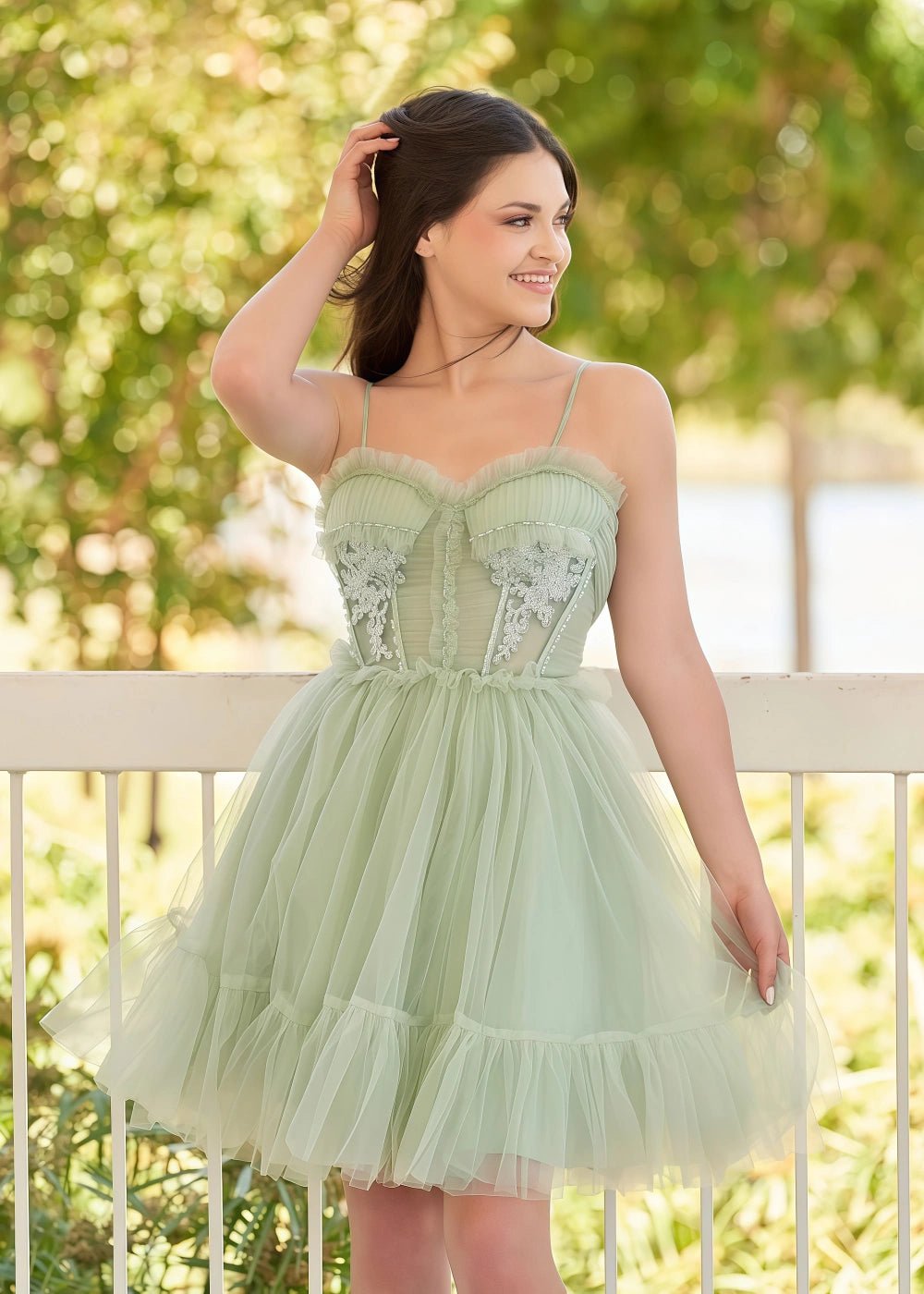 Autumn | A Line Sage Green Tulle Corset Lace Appliques Homecoming Dress Bow - Sage - PromDressClub