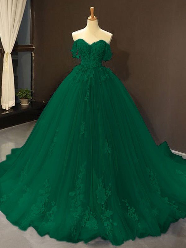 Selena | Sky Blue Prom Dresses Long Ball Gown Tulle Off - the - Shoulder Sleeveless Applique - Dark Green - PromDressClub
