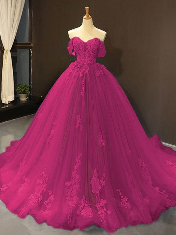 Selena |Ball Gown Natural Tulle Off - the - Shoulder Sleeveless Applique Sweep/Brush Train Prom Dresses 2025 - Dark Navy - US0 - PromDressClub