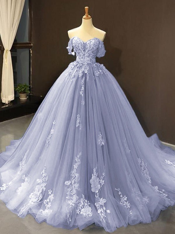 Selena |Ball Gown Natural Tulle Off - the - Shoulder Sleeveless Applique Sweep/Brush Train Prom Dresses 2025 - Dark Navy - US0 - PromDressClub