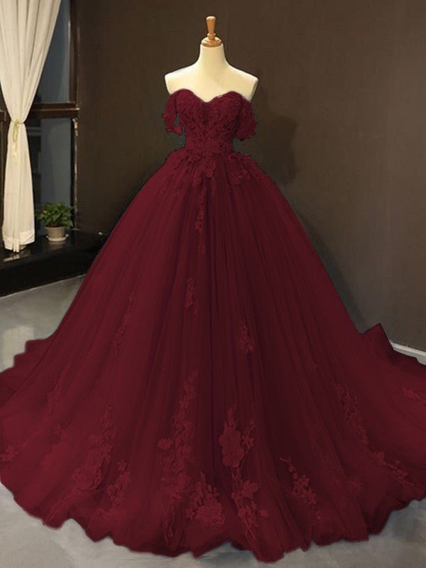 Selena |Ball Gown Natural Tulle Off - the - Shoulder Sleeveless Applique Sweep/Brush Train Prom Dresses 2025 - Burgundy - US0 - PromDressClub