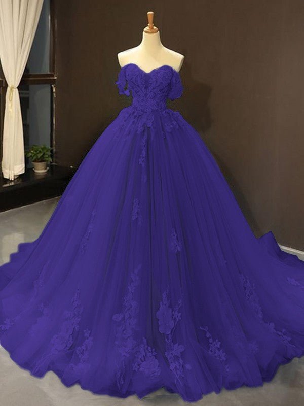 Selena | Sky Blue Prom Dresses Long Ball Gown Tulle Off - the - Shoulder Sleeveless Applique - Dark Navy - PromDressClub