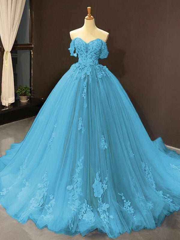 Selena | Sky Blue Prom Dresses Long Ball Gown Tulle Off - the - Shoulder Sleeveless Applique - Dark Navy - PromDressClub