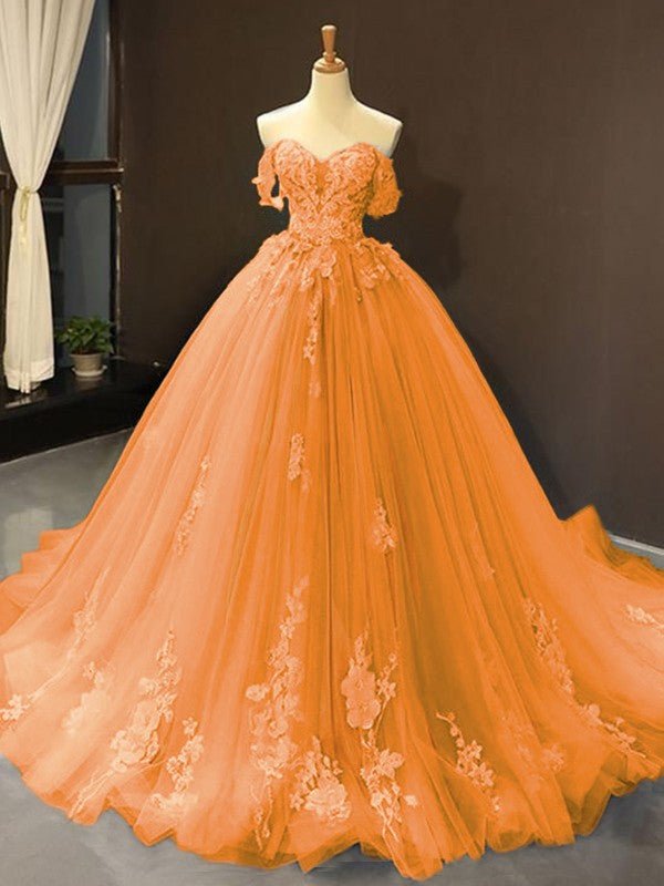 Selena | Sky Blue Prom Dresses Long Ball Gown Tulle Off - the - Shoulder Sleeveless Applique - Dark Navy - PromDressClub