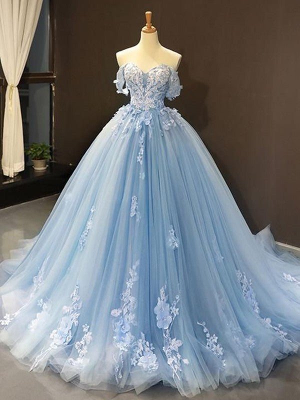 Selena | Sky Blue Prom Dresses Long Ball Gown Tulle Off - the - Shoulder Sleeveless Applique - Sky Blue - PromDressClub