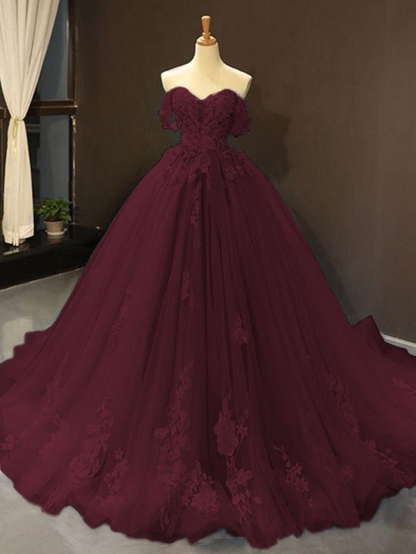 Selena |Ball Gown Natural Tulle Off - the - Shoulder Sleeveless Applique Sweep/Brush Train Prom Dresses 2025 - Cabernet - US0 - PromDressClub