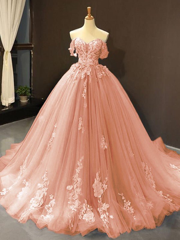 Selena |Ball Gown Natural Tulle Off - the - Shoulder Sleeveless Applique Sweep/Brush Train Prom Dresses 2025 - Coral - US0 - PromDressClub