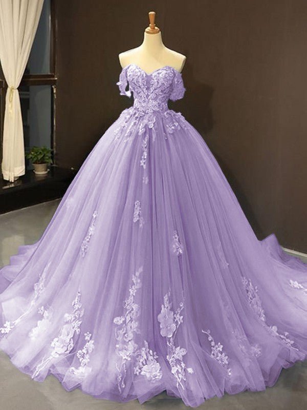 Selena | Sky Blue Prom Dresses Long Ball Gown Tulle Off - the - Shoulder Sleeveless Applique - Dark Navy - PromDressClub