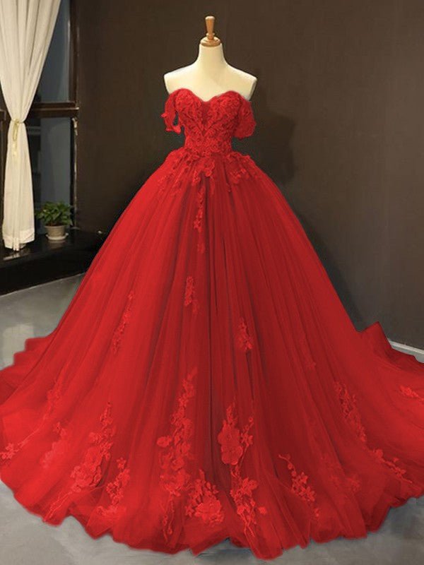 Selena |Ball Gown Natural Tulle Off - the - Shoulder Sleeveless Applique Sweep/Brush Train Prom Dresses 2025 - Dark Navy - US0 - PromDressClub