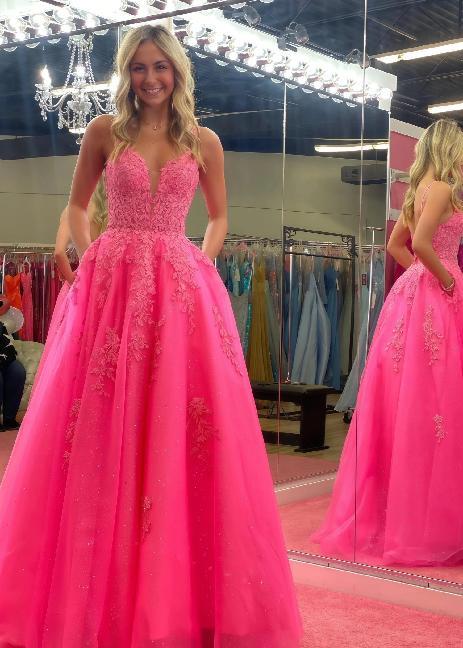 Bblythe | Hot Pink Ball - Gown/Princess V Neck Corset Tulle Formal Dress with Lace - Hot Pink - PromDressClub