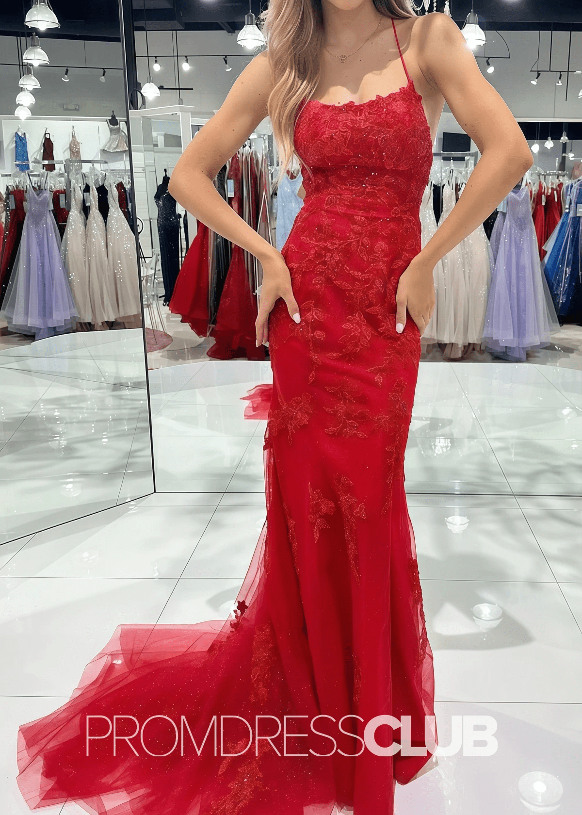 Bblythe | Red Dress Prom Long Mermaid Spaghetti Straps Lace Up With Appliques - Red - PromDressClub