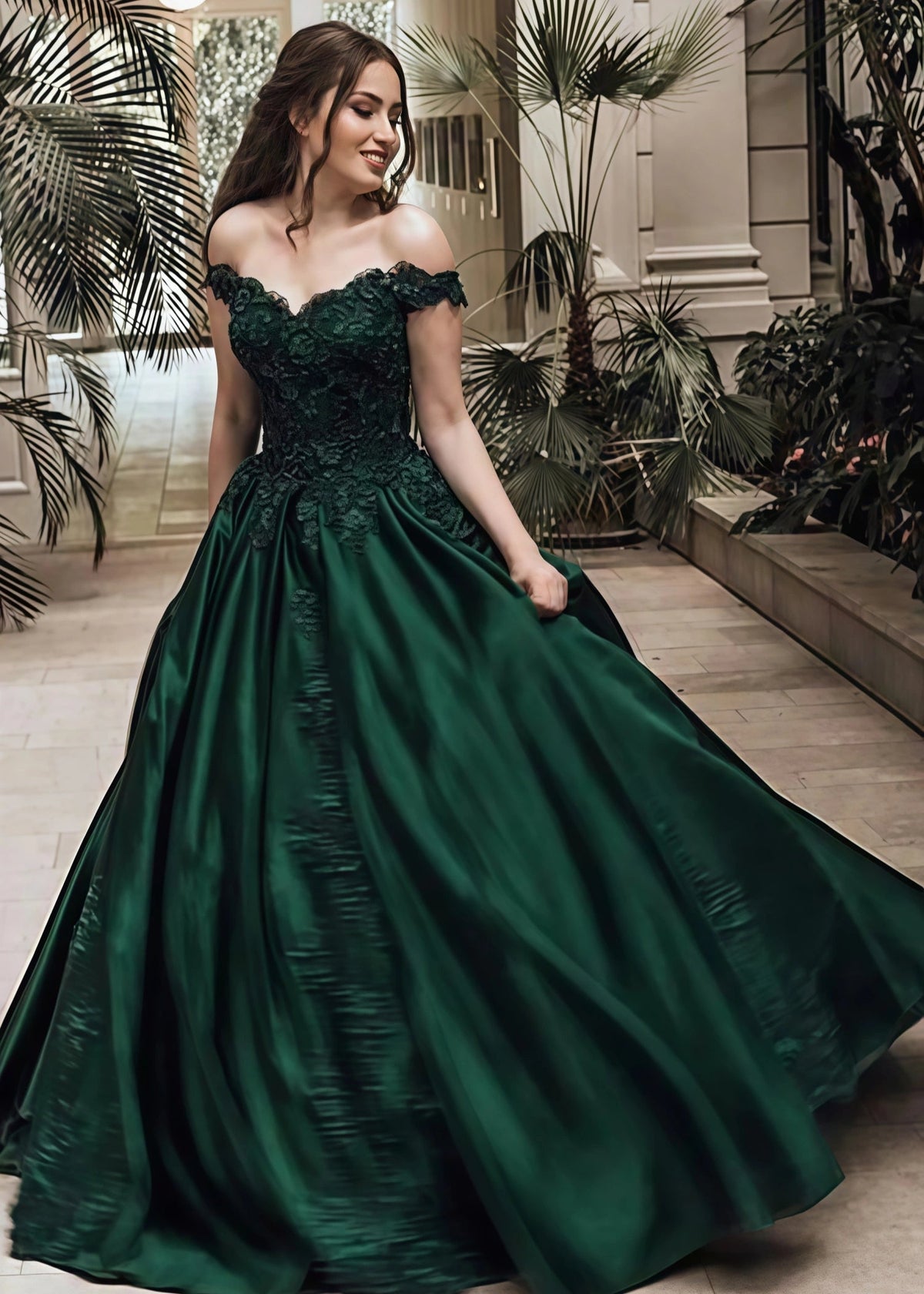 Beatrice | A - Line Lace Green Prom Dress With Off Shoulder - Green - US0 - PromDressClub