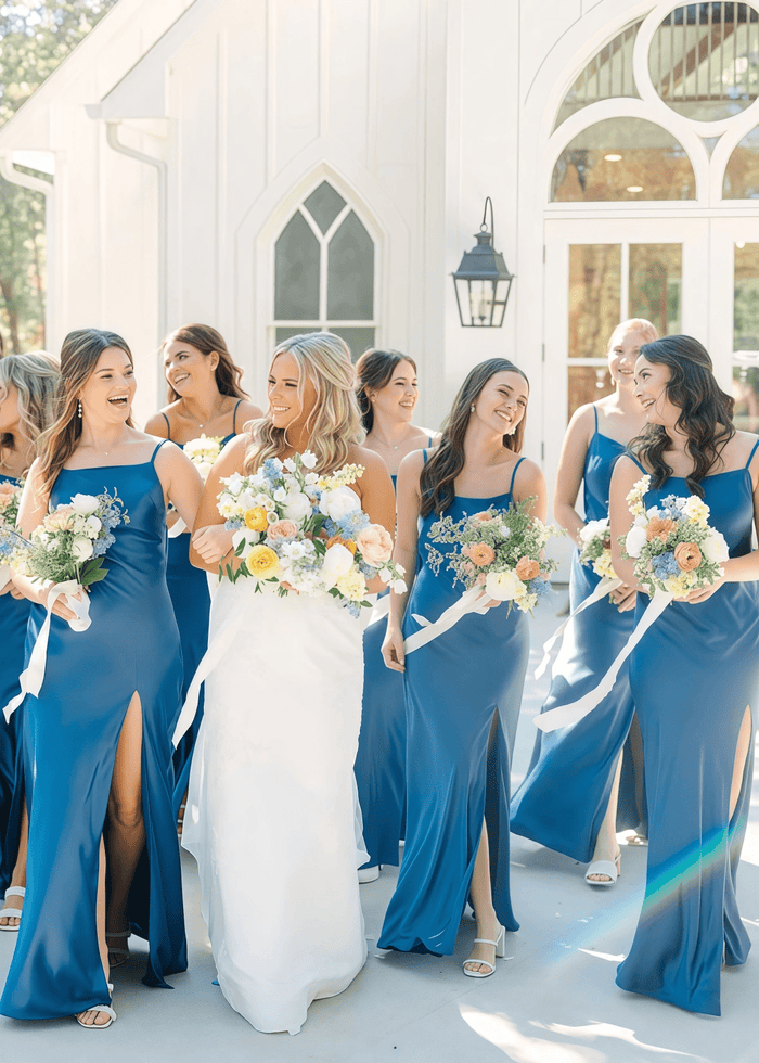 Beatrice | Heavenly Hues Sheath Bows Back Ink Blue Satin Maxi Bridesmaid Dress with Slit and Spaghetti Straps - Price #price_variant_lowest# - Ink Blue - PromDressClub