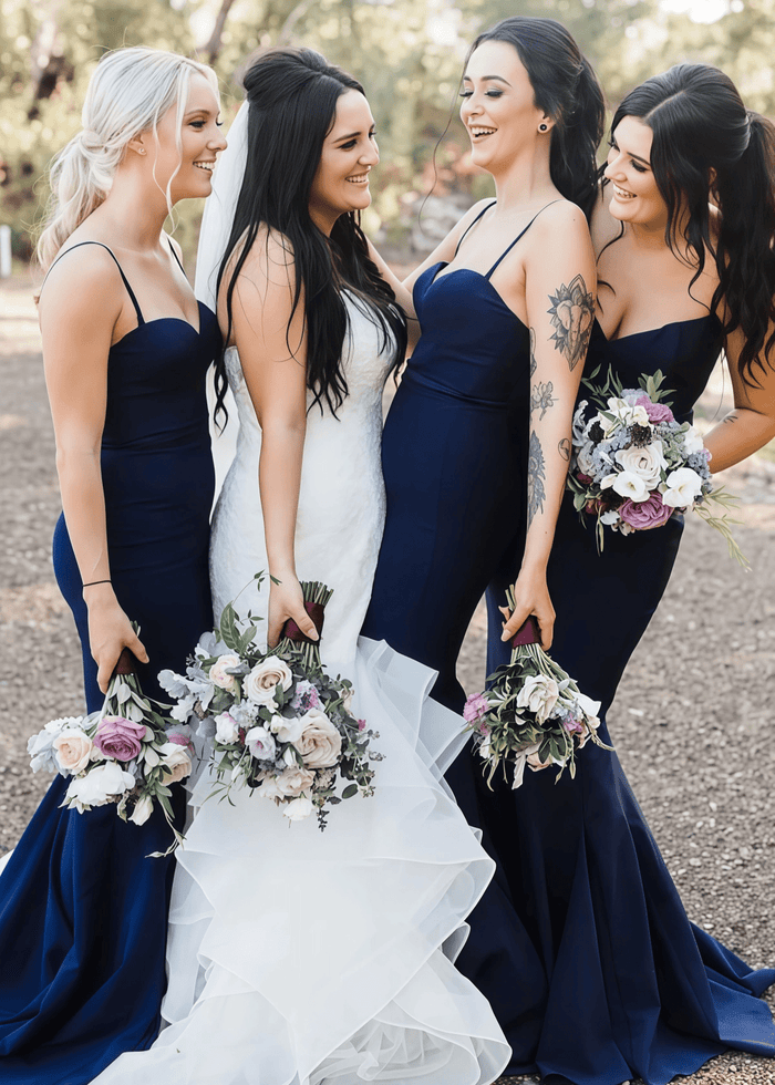 Belinda | Simple Mermaid Navy Blue Satin Maxi Bridesmaid Dress with Spaghetti Straps and Sweetheart Neck - Price #price_variant_lowest# - Navy Blue - PromDressClub