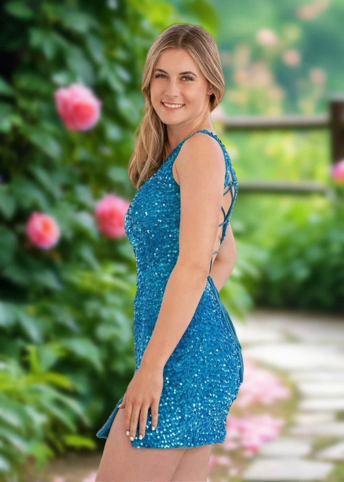 Bella | Bodycon Blue Sequin One Shoulder Short Homecoming Dress with Slit - Blue - PromDressClub