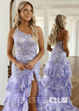 Bella |Lilac Prom Dress Long Mermaid Sparkly One Shoulder Appliques With Slit - Lilac - PromDressClub