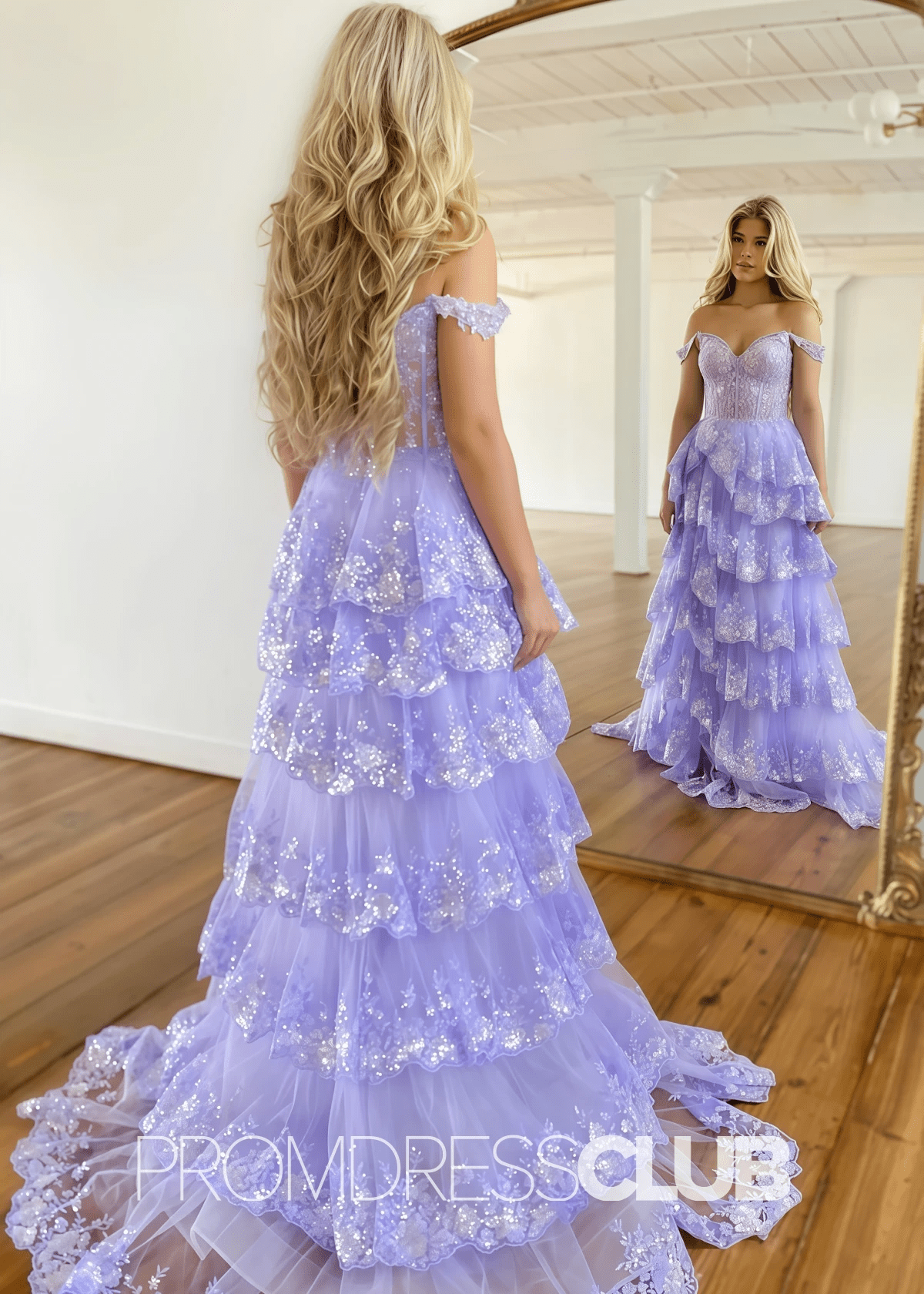 Belle |Lilac Prom Dress Long A - Line Romantic Off The Shoulder Glitter With Appliques - Lilac - PromDressClub