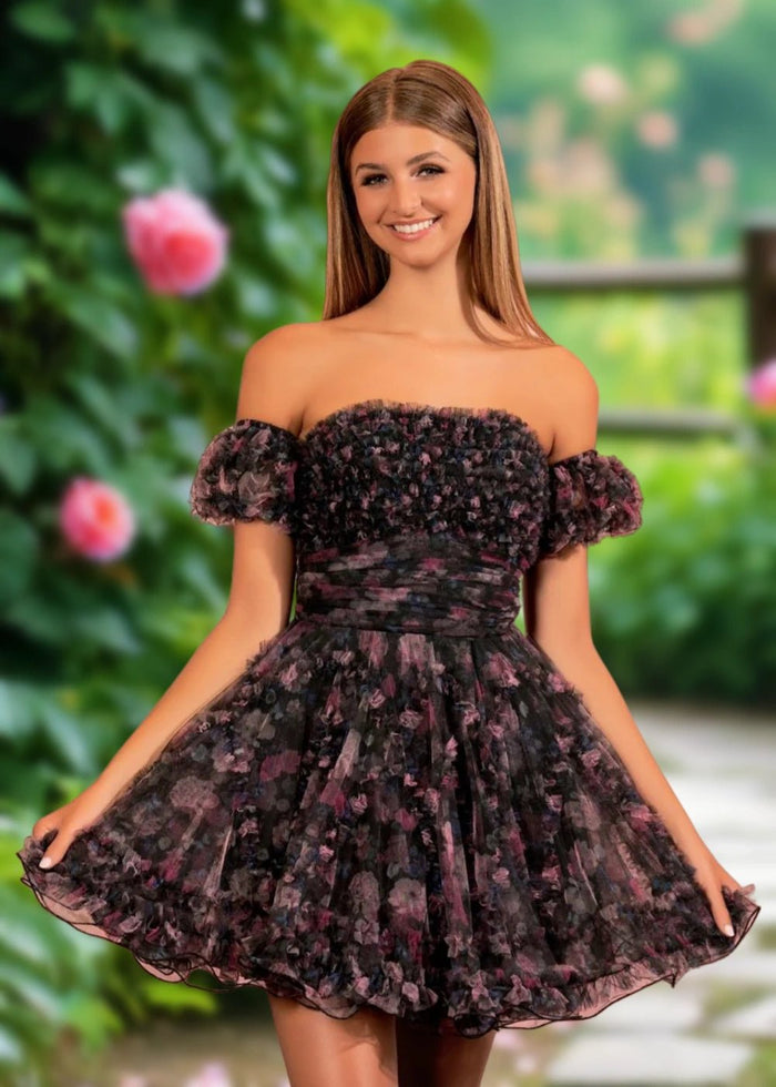 Bernadette | A Line Light Blue Floral Tulle Puff Sleeve Strapless Homecoming Dress with Ruffles - Black Floral - PromDressClub