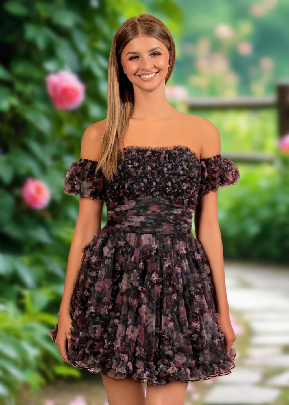 Bernadette | A Line Light Blue Floral Tulle Puff Sleeve Strapless Homecoming Dress with Ruffles - Black Floral - PromDressClub