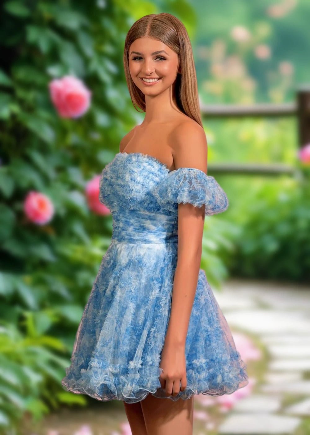 Bernadette | A Line Light Blue Floral Tulle Puff Sleeve Strapless Homecoming Dress with Ruffles - Light Blue Floral - PromDressClub