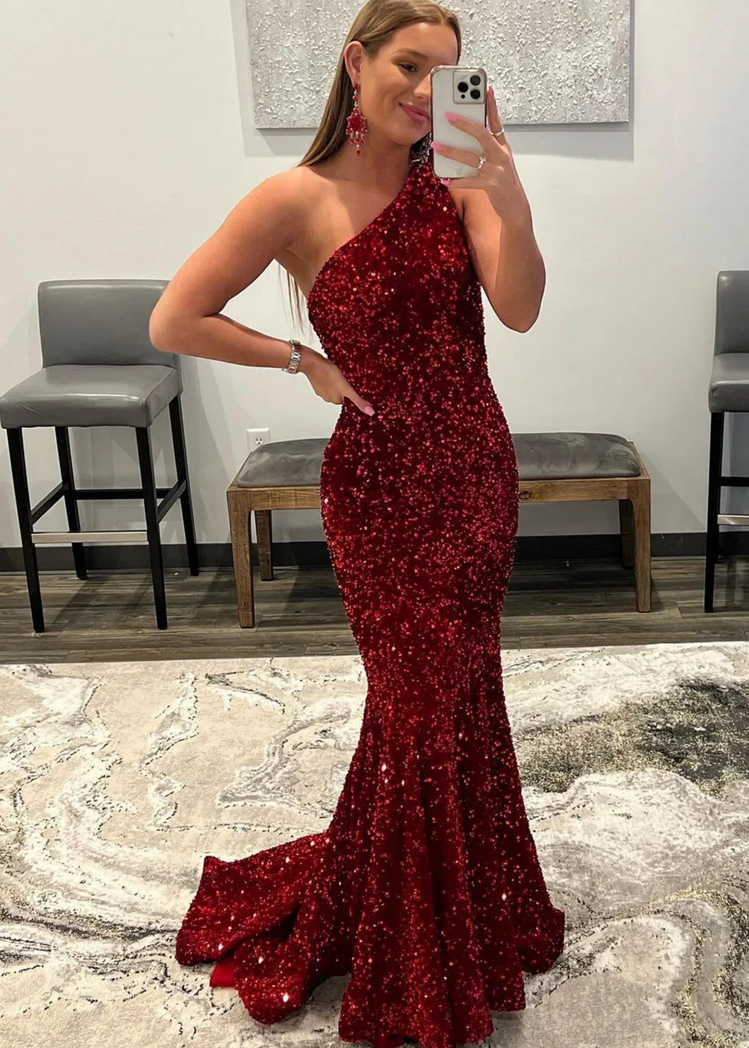 Bernice | Mermaid Long Pink Prom Dresses With Sequins One Shoulder - Burgundy - US0 - PromDressClub