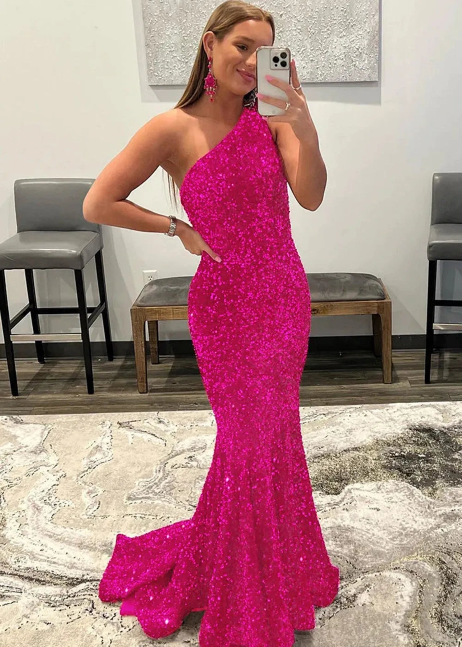 Bernice | Mermaid Long Pink Prom Dresses With Sequins One Shoulder - Fuchsia - US0 - PromDressClub