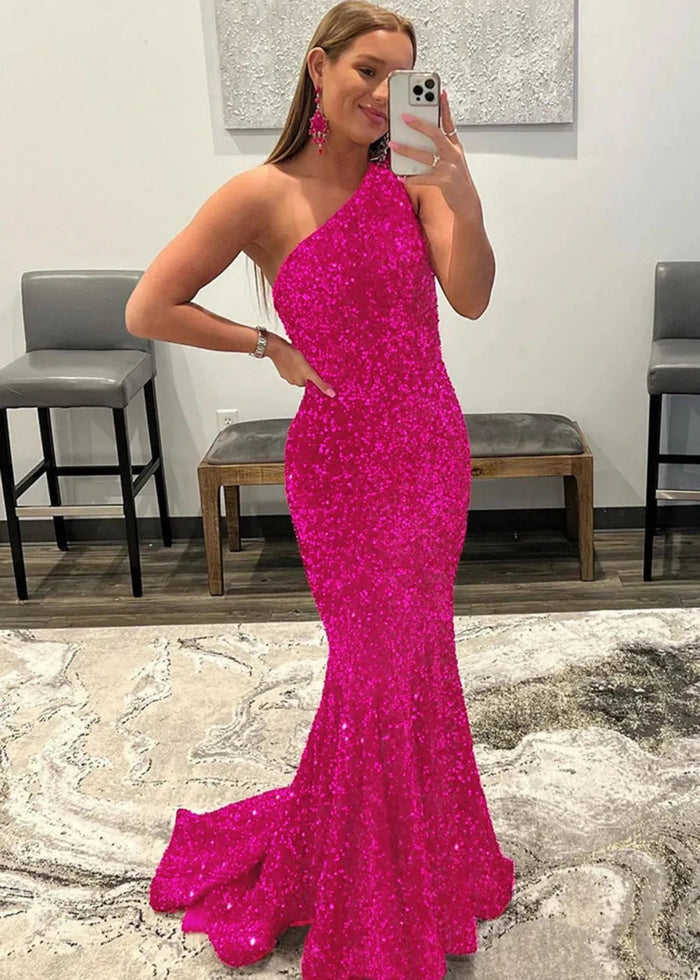 Bernice | Mermaid Long Pink Prom Dresses With Sequins One Shoulder - Fuchsia - PromDressClub