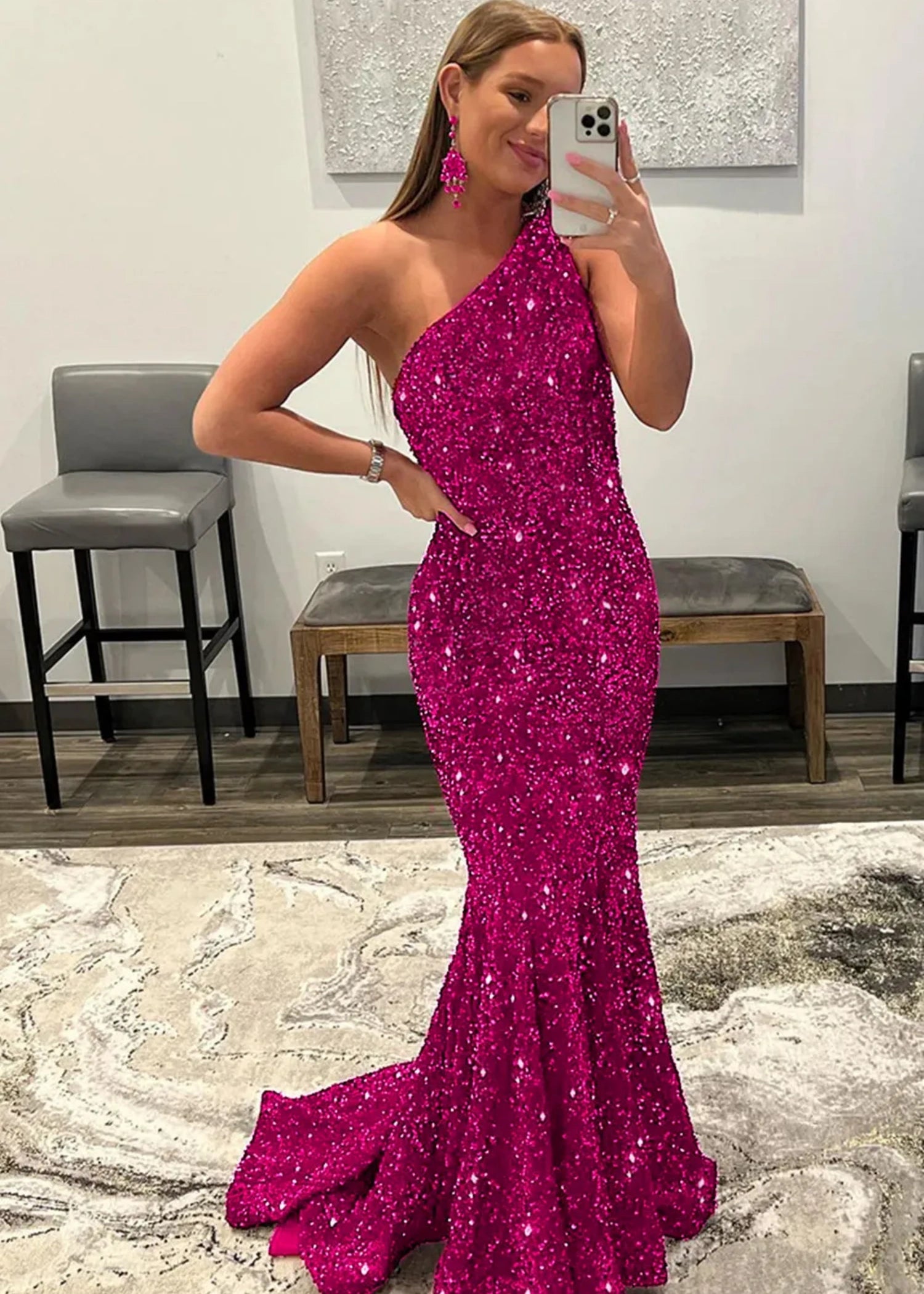 Bernice | Mermaid Long Pink Prom Dresses With Sequins One Shoulder - Hot Pink - US0 - PromDressClub