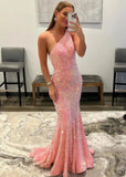 Bernice | Mermaid Long Pink Prom Dresses With Sequins One Shoulder - Pink - US0 - PromDressClub