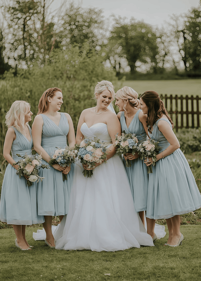 Betty | A - Line Ruched Beach Dusty Blue Chiffon Midi Bridesmaid Dress with V - Neck - Price #price_variant_lowest# - Dusty Blue - PromDressClub