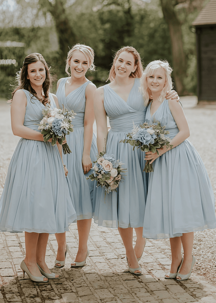 Betty | A - Line Ruched Beach Dusty Blue Chiffon Midi Bridesmaid Dress with V - Neck - Price #price_variant_lowest# - Dusty Blue - PromDressClub