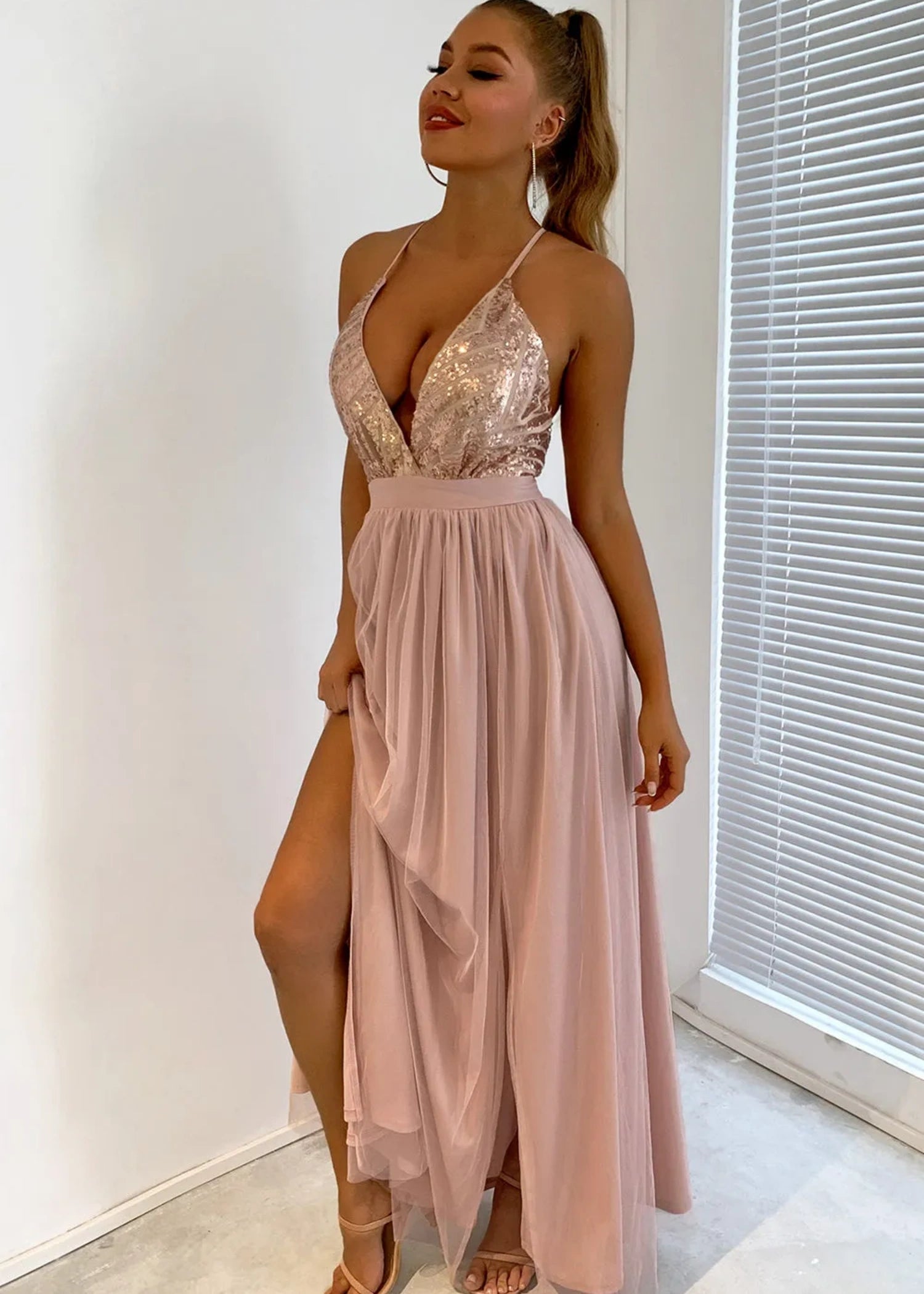 Beverly | A Line Long Green Prom Dress WithV - neck Sequin Slit - Blush - US0 - PromDressClub