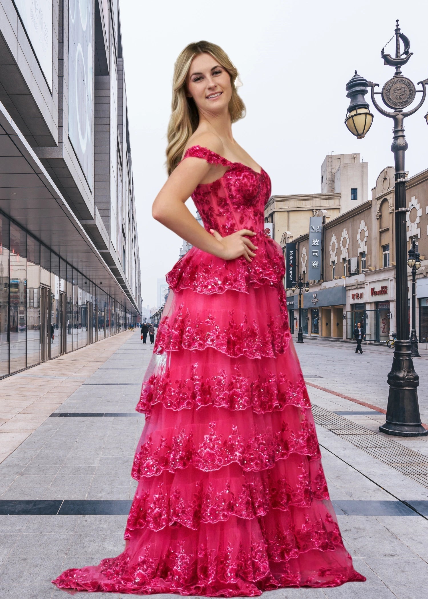 Beverly | Fuchsia A Line Off the Shoulder Ruffle Prom Dress with Slit - Fuchsia - PromDressClub