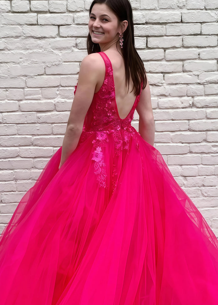 Betsy | A - Line Long Red Prom Dress With V - Neck Lace Appliques - Pink - PromDressClub