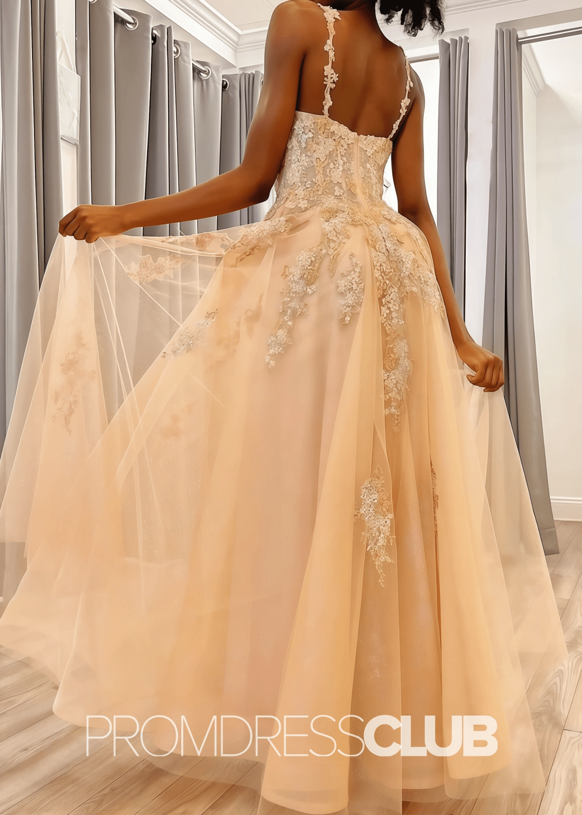 Blanche | Champagne Prom Dress Long A - Line Spaghetti Straps Tulle With Appliques - Champagne - PromDressClub