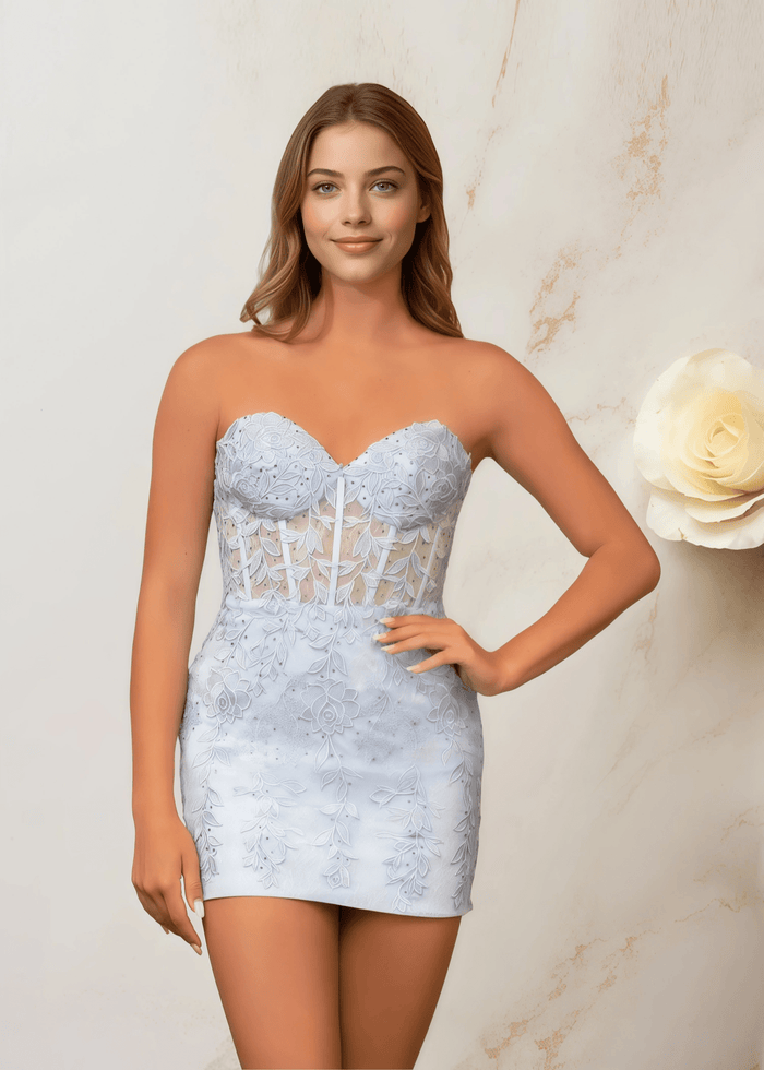 Edith |Bodycon Lace Mini Blue Homecoming Dress - US0 - PromDressClub
