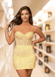 Bodycon Lace Mini Yellow Homecoming Dress - US0 - PromDressClub