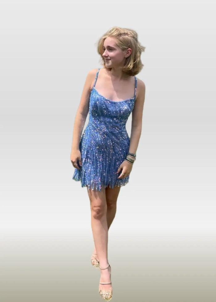 Natalie |Bodycon Sparkly Sheath Open Back Corset Blue Short Homecoming Dress with Tassel - PromDressClub