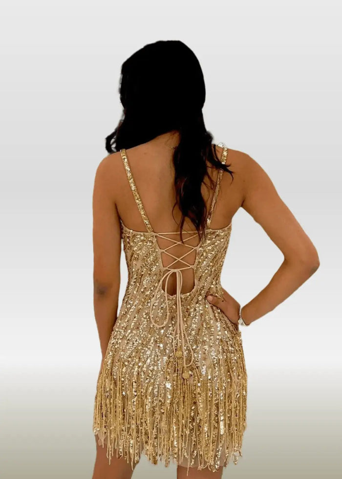 Natalie |Bodycon Sparkly Sheath Open Back Corset Gold Short Homecoming Dress with Tassel - Gold - PromDressClub